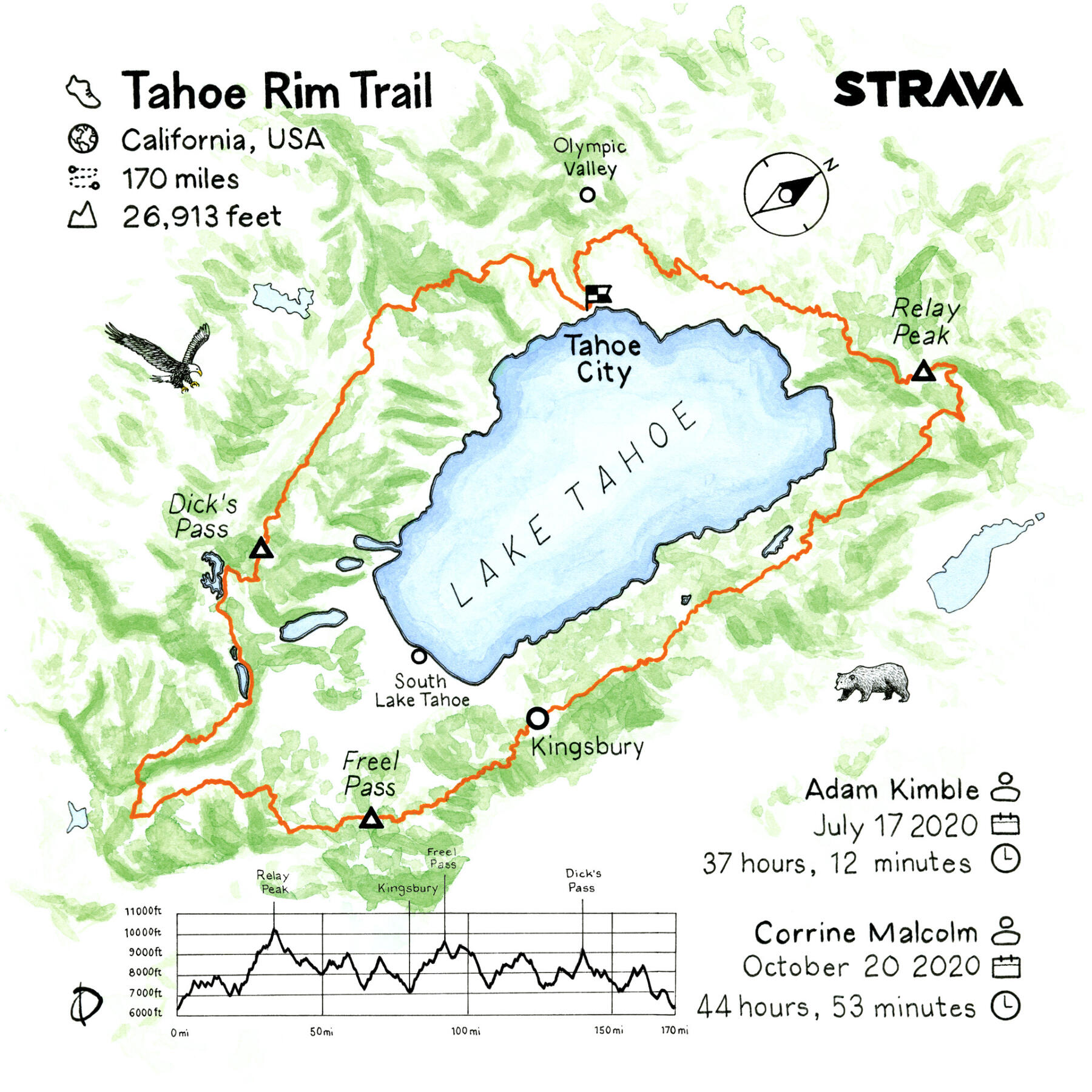 Strava FKT Tahoe Rim Trail - ink on 30x30cm Hahnemühle Britannia paper